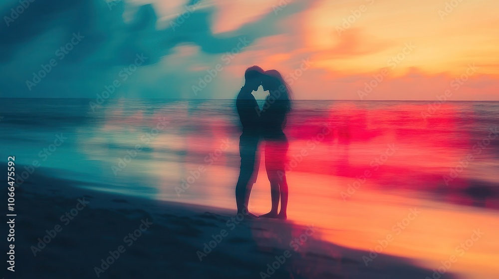 Silhouettes of a Couple Embracing on a Beach at Sunset Silhouettes of a Couple Embracing on a Beach at Sunset