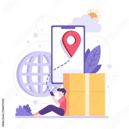 Man tracking package delivery with a phone. Perfect for logistics, online shopping, technology, delivery services, e-commerce, tracking, and postal services themes.