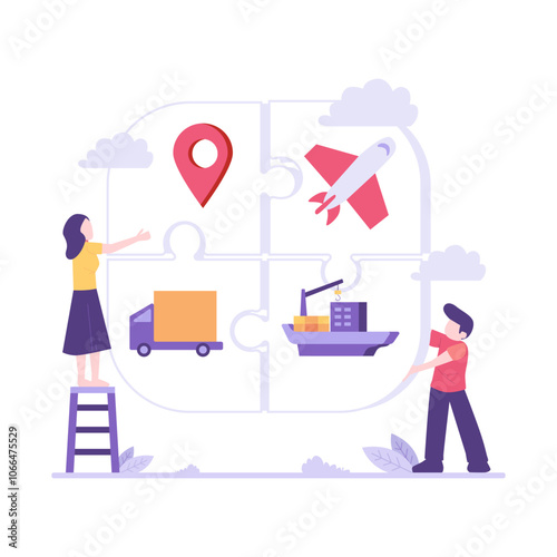 Group solving transport logistics puzzle, teamwork concept. Suitable for presentations, websites, blogs, and articles related to logistics and teamwork.