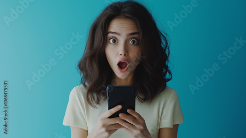 Portrait of surprised young woman using smartphone, copy space text