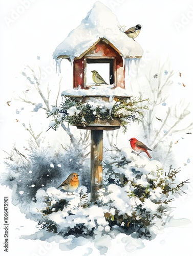 cozy winter scene featuring bird feeder surrounded by snow, with various birds perched and feeding. watercolor style adds serene touch to frosty garden