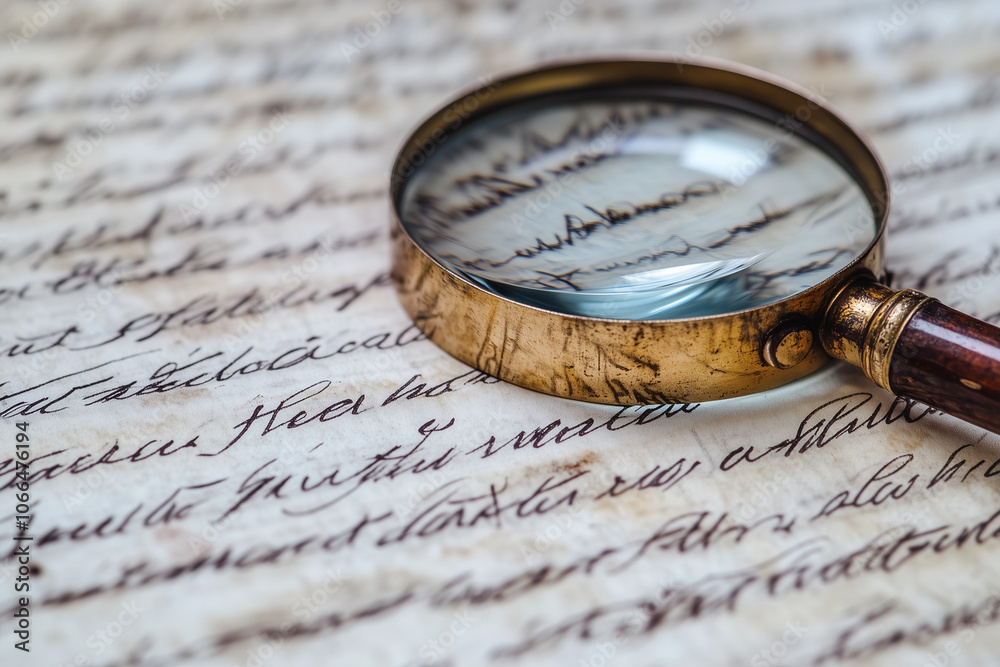 magnifier placed on a handwritten letter