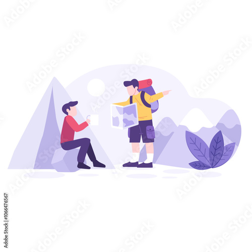 Two men mountains map drinking cup backpack leaves.