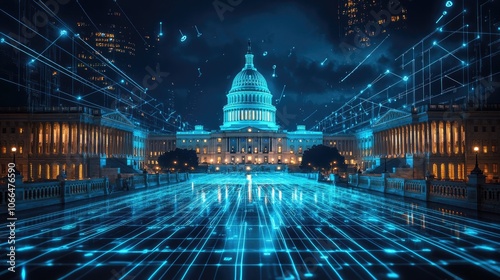 The US Capitol Building at night with a glowing blue digital grid in the foreground. photo