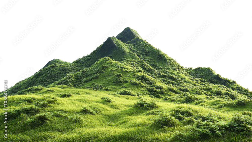 Lush green mountains rise majestically, surrounded by vibrant grasslands, creating serene and tranquil landscape. natural beauty evokes sense of peace and harmony
