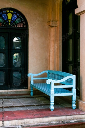 Vintage Turquoise Bench by Ornate Door