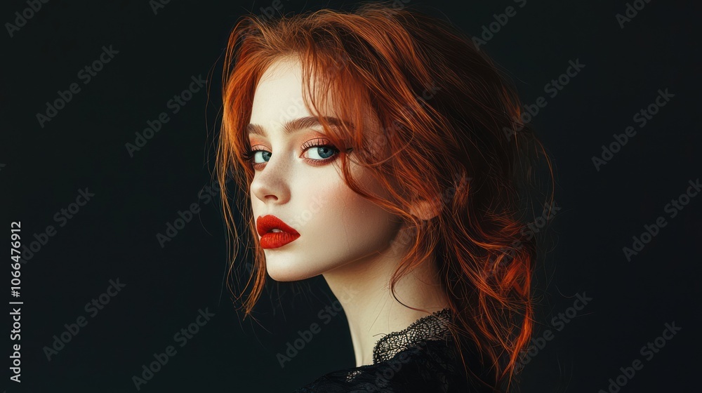 A dramatic studio portrait of a woman with bold makeup and styled hair