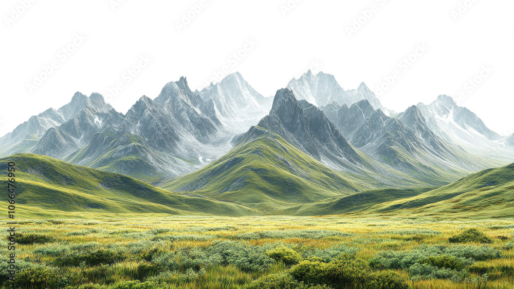 breathtaking view of majestic mountains surrounded by lush green meadows, showcasing beauty of nature and tranquility of landscape
