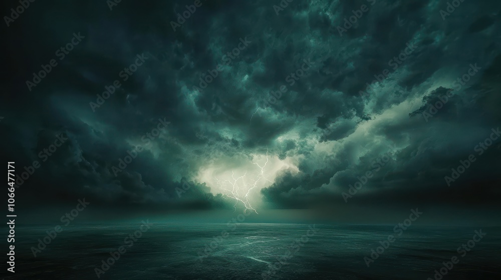 A dramatic view of dark storm clouds rolling in over a vast landscape, with flashes of lightning illuminating the sky, capturing the power of nature's fury.