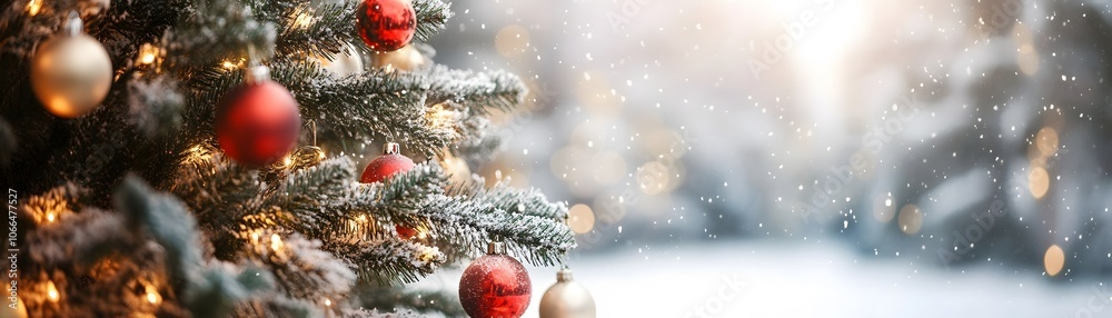 A Close-Up of a Christmas Tree Branch Covered in Snow with Red and Gold Ornaments