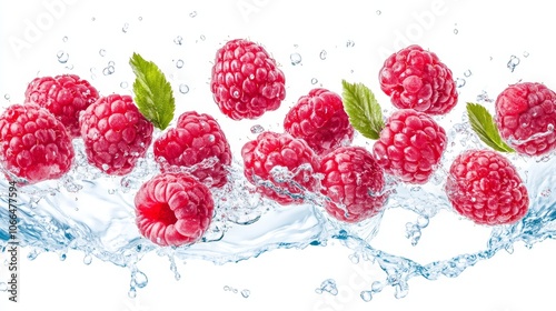 A bunch of raspberries floating in a stream of water