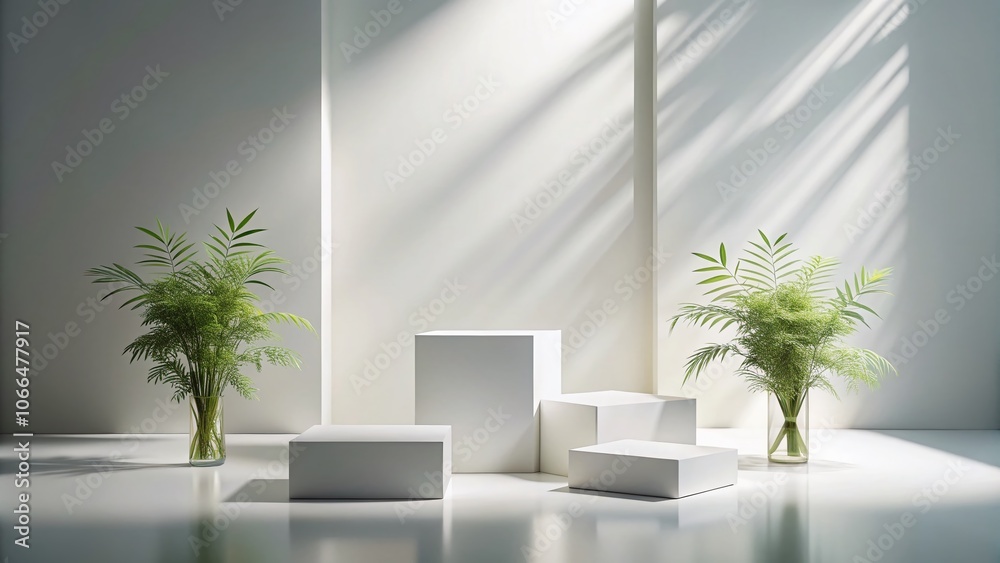Abstract Minimal Nature Scene with Three White Rectangle Podiums on White Background for Cosmetic Product Display, Low Light Photography, Elegant Presentation, Clean Aesthetic Abstract Minimal Nature Scene with Three White Rectangle Podiums on White Background for Cosmetic Product Display, Low Light Photography, Elegant Presentation, Clean Aesthetic