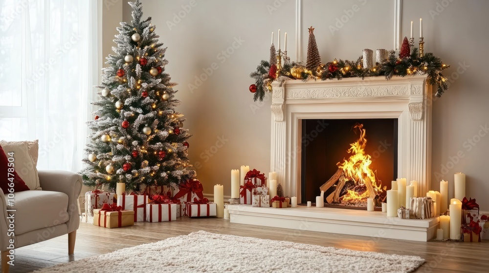 Cozy holiday scene with a decorated tree and warm fireplace for festive cheer Cozy holiday scene with a decorated tree and warm fireplace for festive cheer