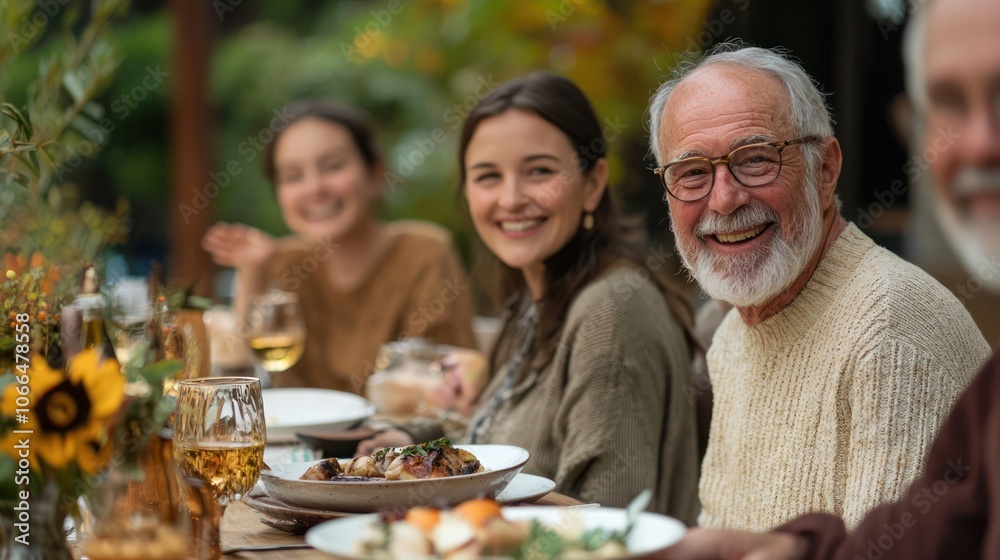 A family gathered around the table, smiling and sharing stories during a Thanksgiving dinner A family gathered around the table, smiling and sharing stories during a Thanksgiving dinner