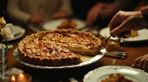 A family member slicing a Thanksgiving pie at the dinner table, with eager guests in the backgroundStock photo --ar 16:9 --quality 2 --style raw --v 6.1 Job ID: cf0ce632-31db-4fff-a1ca-381c96b776a6 photo