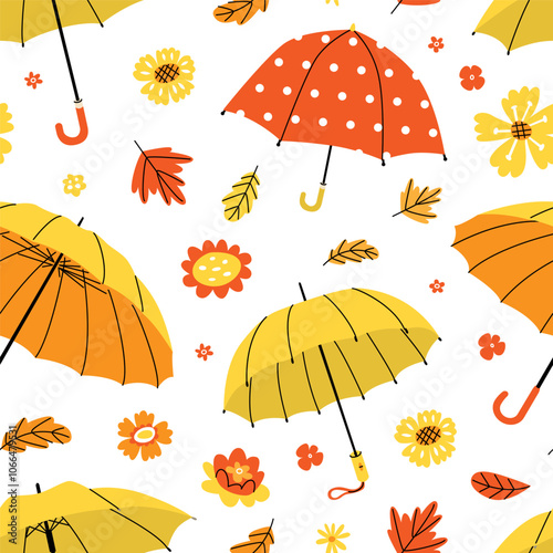 Endless seamless pattern with open umbrellas, flowers and leaves. Autumn warm colors, feeling of coziness and protection. Rainy weather. Vector illustration on transparent background.
