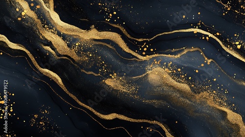 Abstract Black and Gold Marble Swirls with Glitter