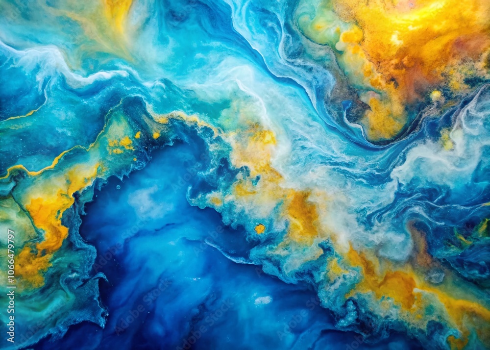 Obraz premium Abstract Watercolor Blue Yellow Background in Drone Photography – Aerial View of Artistic Swirls, Vibrant Hues, and Unique Patterns for Creative Projects and Designs