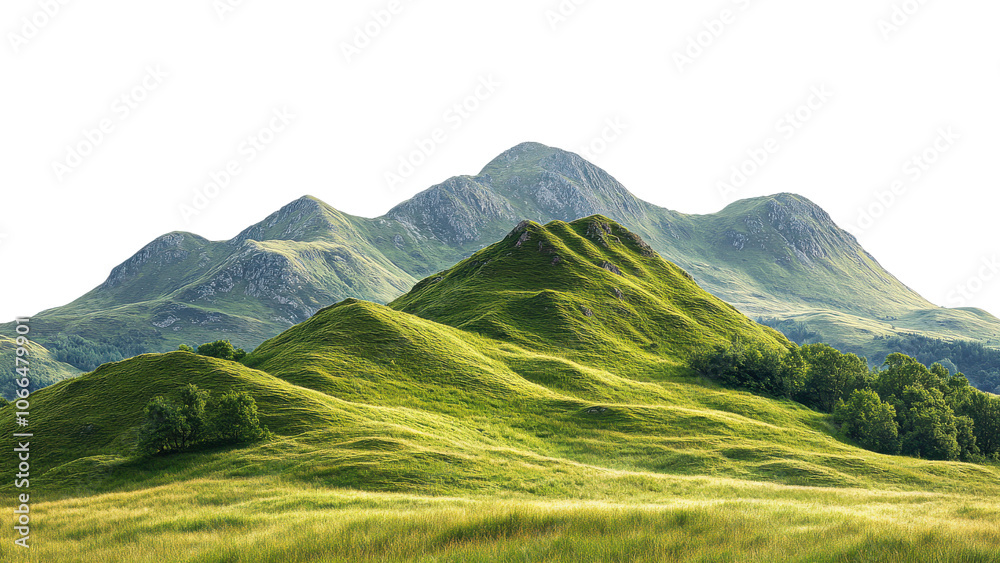 Lush green hills rise majestically under clear sky, showcasing beauty of nature. rolling landscape is dotted with trees, creating serene and tranquil environment