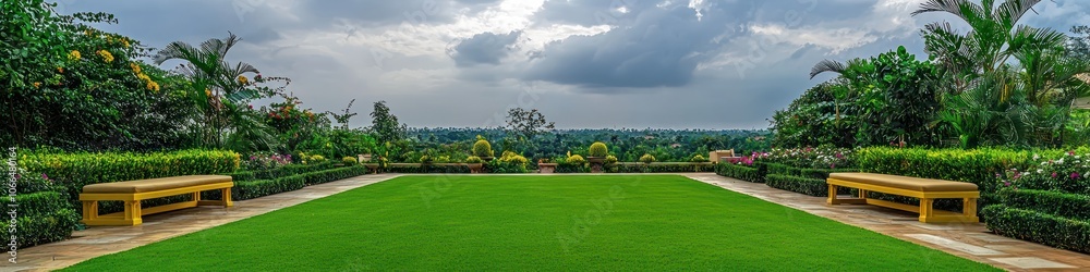 Naklejka premium Luxurious green backyard with pale yellow benches under a cloudy sky.