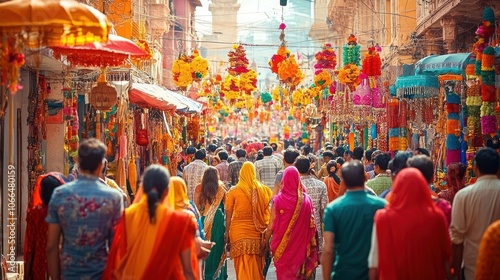 Crowded Street Market in India with Colorful Garlands and People