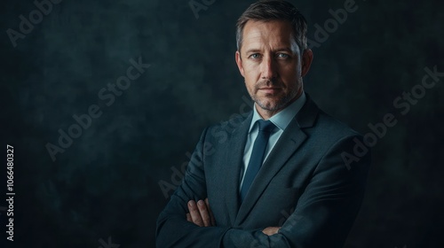 A formal studio portrait of a man in a suit, looking directly at the camera with confidence