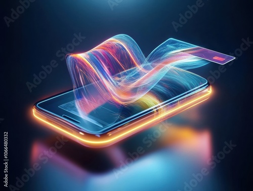 A mobile phone holding a credit card is being scanned to pay for products.
