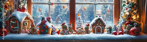 Festive Gingerbread Houses and Ornaments on a Snowy Windowsill photo