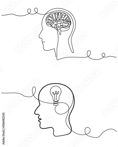 Brain and Light Bulb in Head Line Art