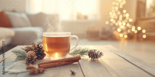 A photo of a  cup of hot coffee/chocolate/tea on a table with  a candle, cinnamon and christmas decorations, blurred bokeh background wallpaper