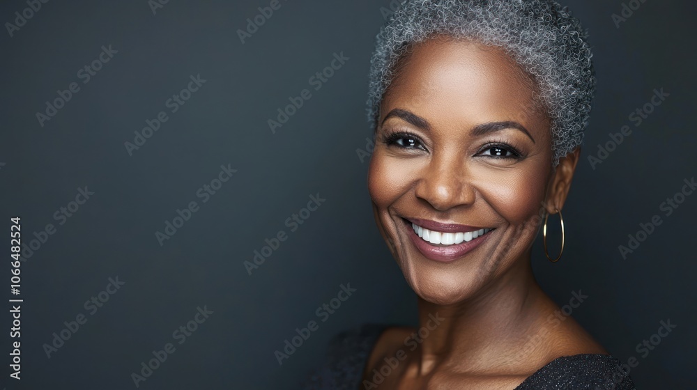 A graceful studio portrait of a mature woman with a warm smile, showcasing her confidence A graceful studio portrait of a mature woman with a warm smile, showcasing her confidence