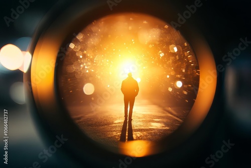 Director s viewfinder with scene focus on, bright backdrop, copy space Double exposure silhouette with kaleidoscope lens photo