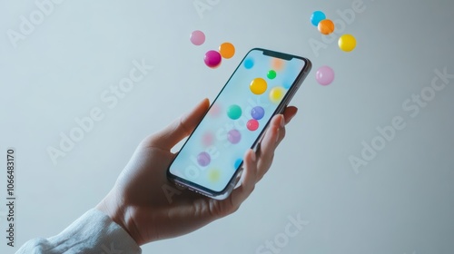 Wallpaper Mural Woman holding smartphone with colorful bubbles floating on screen and in air, representing social media icons, marketing apps, and digital communication Torontodigital.ca