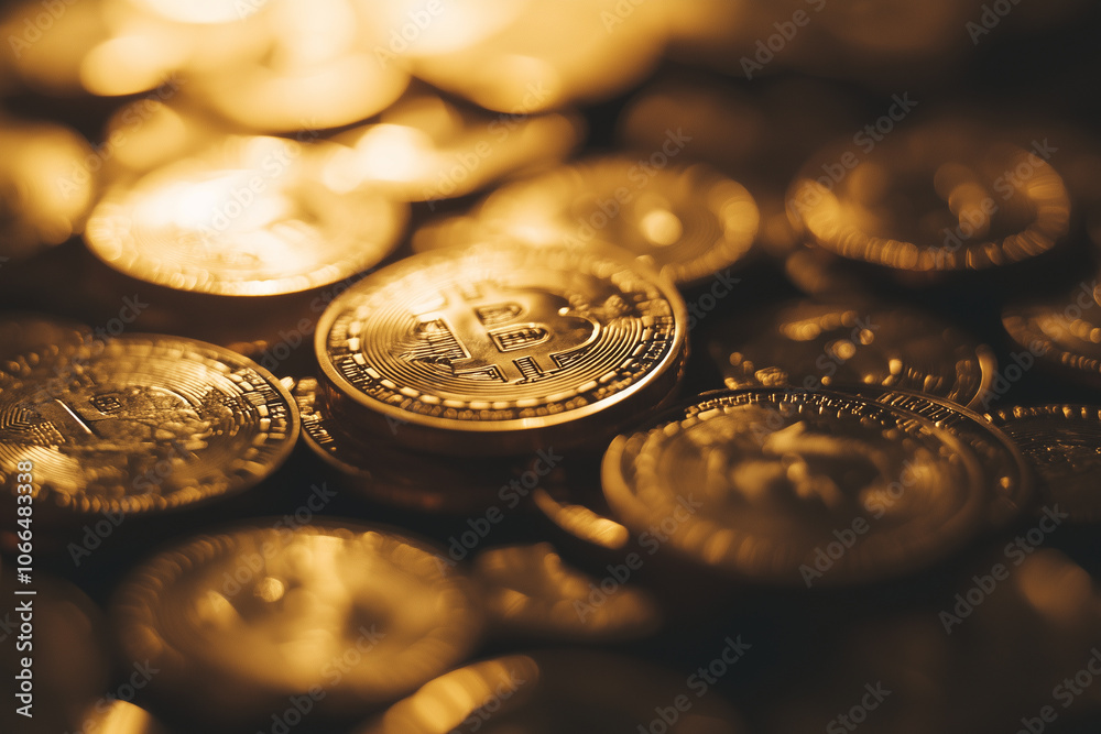 Shiny golden Bitcoin coins, sharply focused, with a blurred background Shiny golden Bitcoin coins, sharply focused, with a blurred background