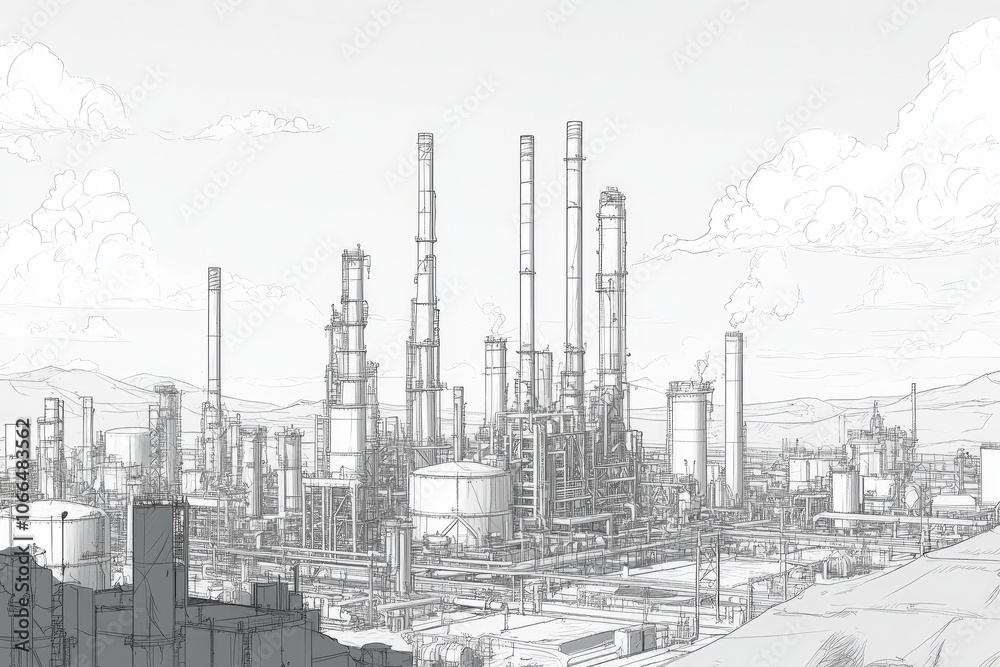 Industrial Complex Illustration - Sketch, Factory Design, Steel Pipes, Skyline View, Tall Chimneys, Energy Production, Detailed Drawing, Industrial Architecture, Modern Industry Industrial Complex Illustration - Sketch, Factory Design, Steel Pipes, Skyline View, Tall Chimneys, Energy Production, Detailed Drawing, Industrial Architecture, Modern Industry