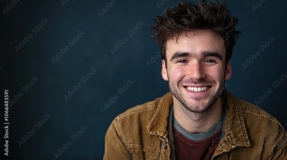 Obraz premium A happy male studio portrait with a bright smile, showcasing warmth and approachability