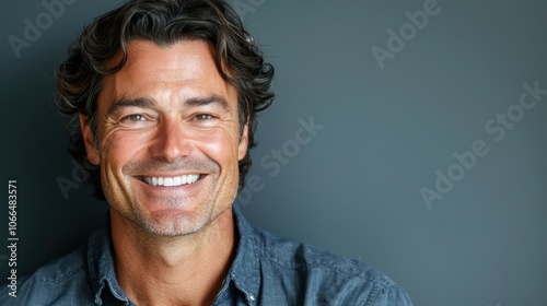 A happy male studio portrait with a bright smile, showcasing warmth and approachability