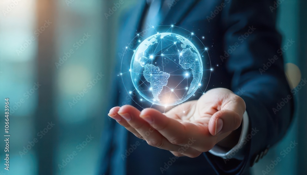 network connection of the globe with glowing nodes in the hand of a professional man