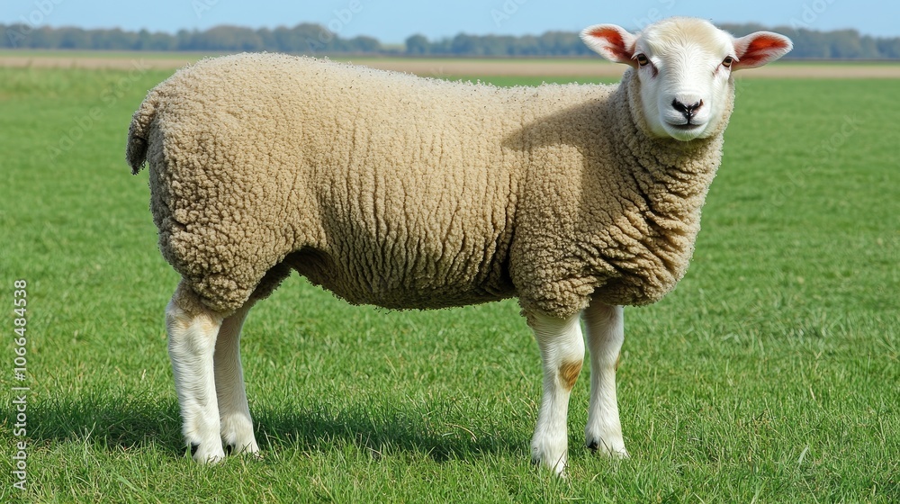 Cute Sheep Standing on Green Grass in Sunny Field Cute Sheep Standing on Green Grass in Sunny Field