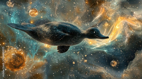 Celestial Platypus Diving Through Dimensions: Collecting Cosmic Pearls of Wisdom, Perfect for Spiritual Coaching and Paradox Integration. High-Resolution Digital Artwork. photo