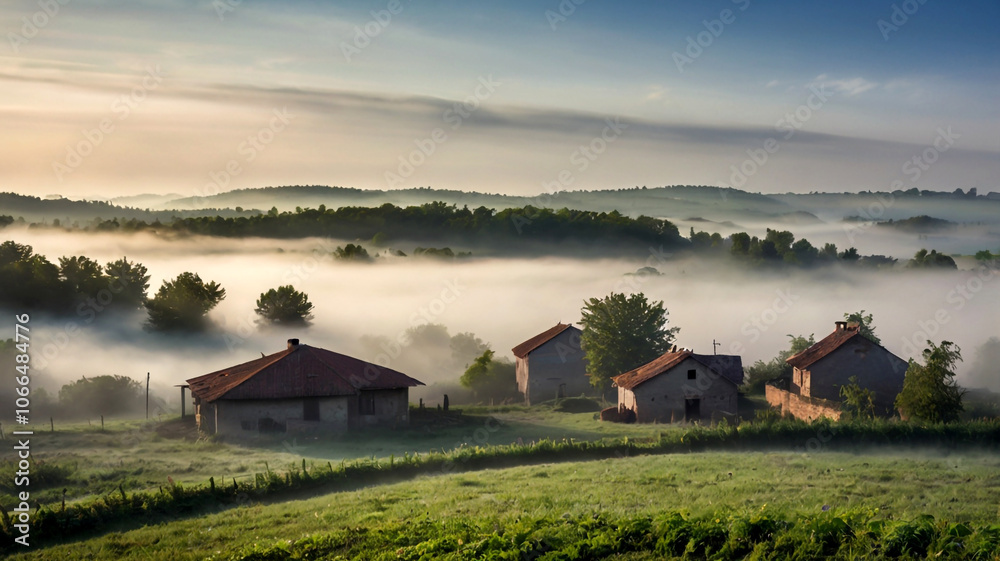 A tranquil scene of a rustic village enveloped in morning mist. The red-roofed houses and lush greenery create a peaceful countryside atmosphere, evoking serenity and simplicity.