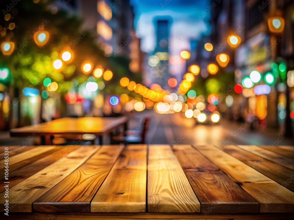 Aerial View of an Empty Wooden Table Surrounded by Blurred Street Lights at Dusk, Perfect for Cozy Atmospheres, Restaurant Decor, and Outdoor Dining Inspiration