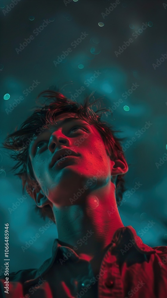 Dramatic Portrait of a Young Man in Red and Blue Lighting Dramatic Portrait of a Young Man in Red and Blue Lighting