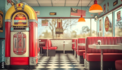 Vintage Retro Diner Nostalgic Set with Jukebox, Diner Booths & Classic American Decor in a Retro Atmosphere photo