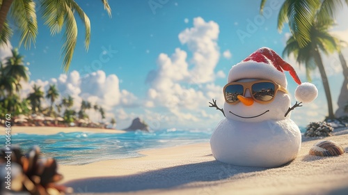 Sandy snowman wearing sunglasses and a santa hat is enjoying a sunny christmas on a tropical beach