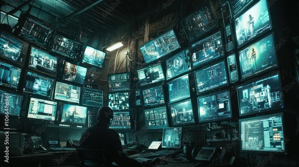 a modern CCTV monitor room filled with multiple screens displaying various camera feeds.
