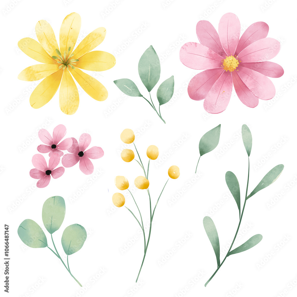 Fototapeta premium Floral set, flowers and leaves, watercolor digital illustration for greeting card, poster, invitation and other printing design. Isolated on white. Hand drawn.