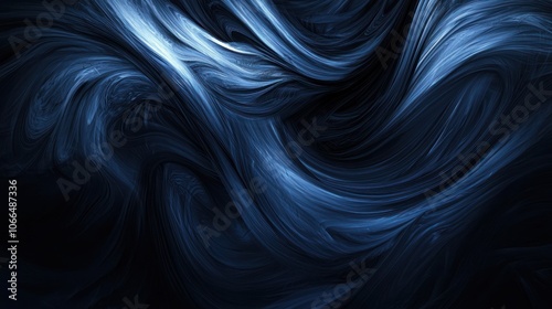 A moody abstract wallpaper with swirling dark blue and black hues, creating a dramatic focal point in a modern living room or creative workspace.