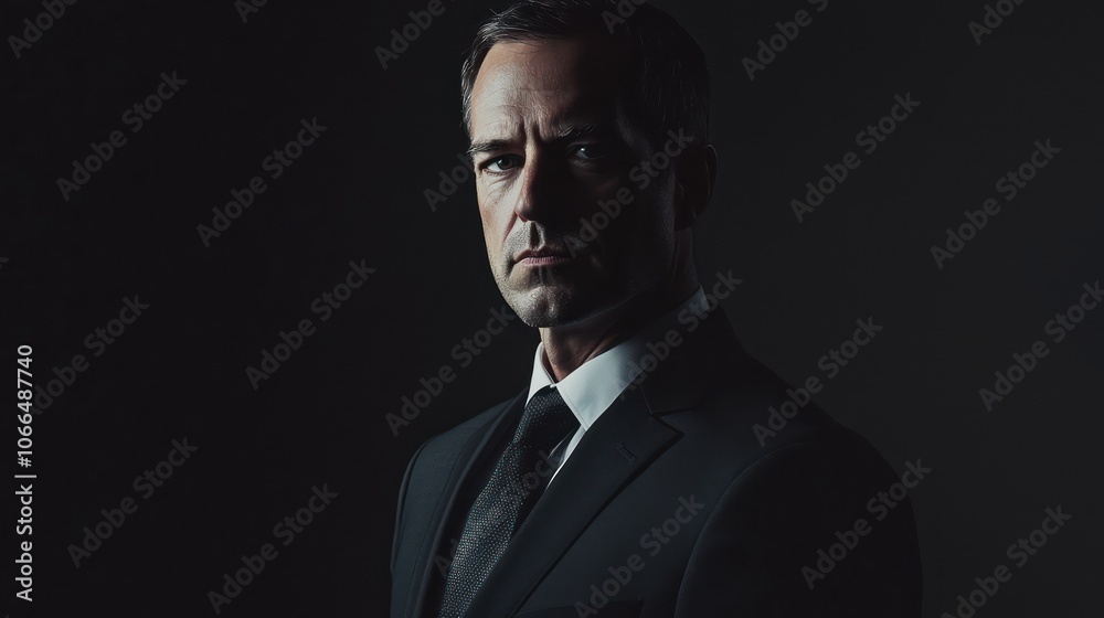 A moody studio portrait of a man in a dark suit, creating a sense of sophistication and intensity