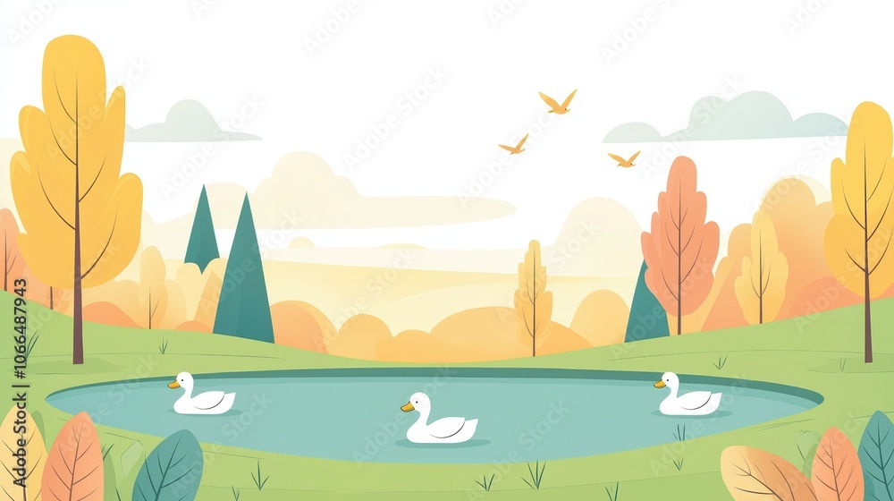 Naklejka premium A serene landscape featuring a tranquil pond with ducks, surrounded by colorful trees and a bright sky